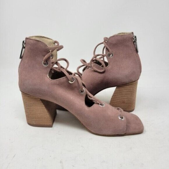 Vince Camuto | Nahara Leather Lace up Stacked Heel Shoes Blush Pink - Picture 9 of 13
